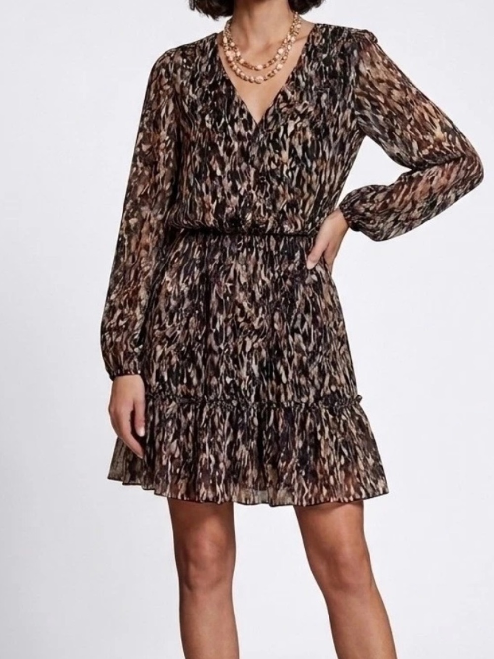 Evereve Long Sleeve Mini Dress Abstract Brushstroke Metallic Tiered Size Small